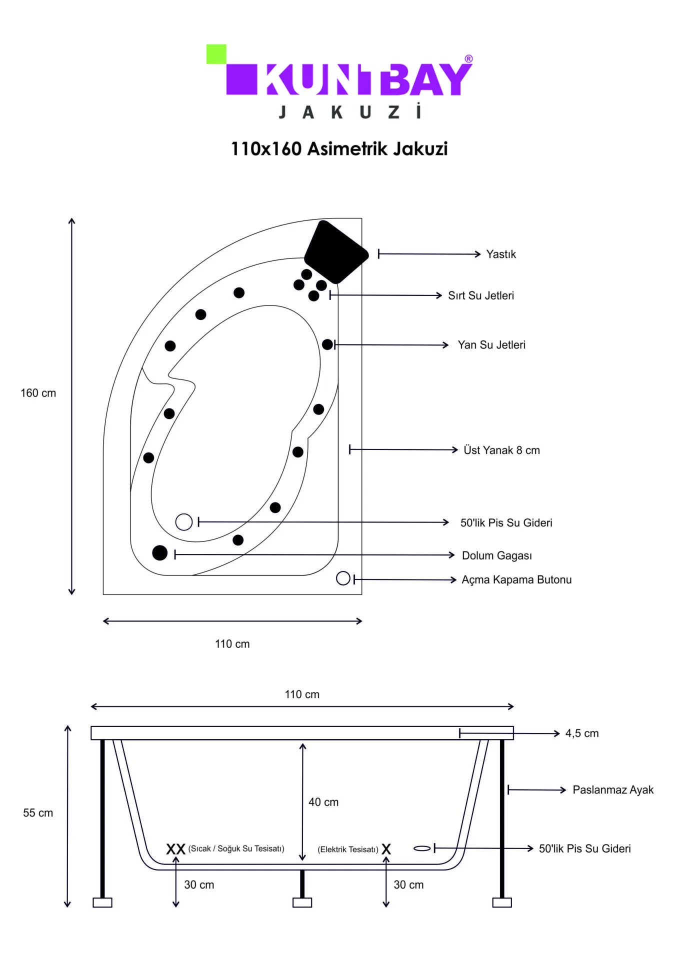 Asymmetric Jacuzzi  110 x 160 H 55