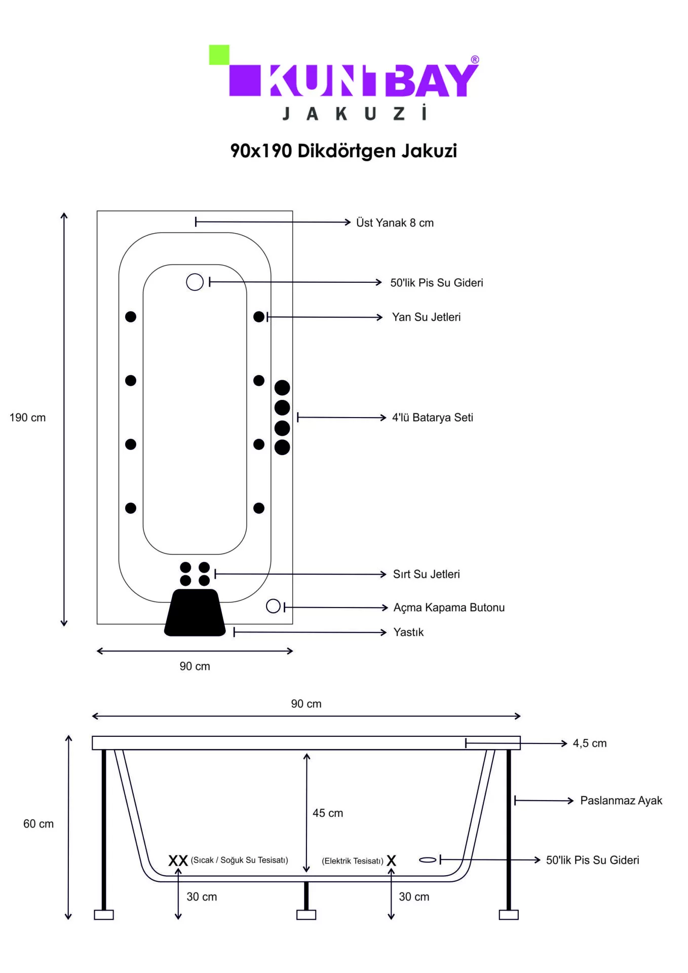 Single Jacuzzi 90 x 190 H 60 